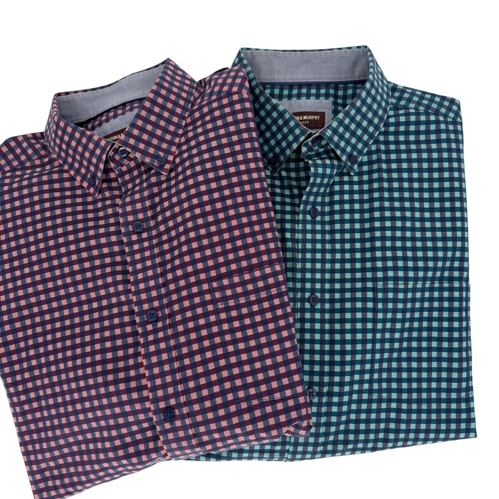 Lot of 2‎ Johnston & Murphy Mens XL Gingham Button Down Shirts Red Teal Navy EUC